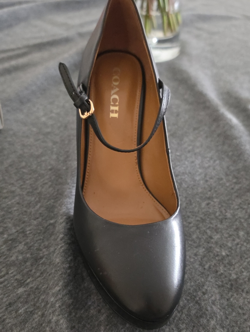 Coach Black Leather Pointed-Toe Ankle-Strap Pump